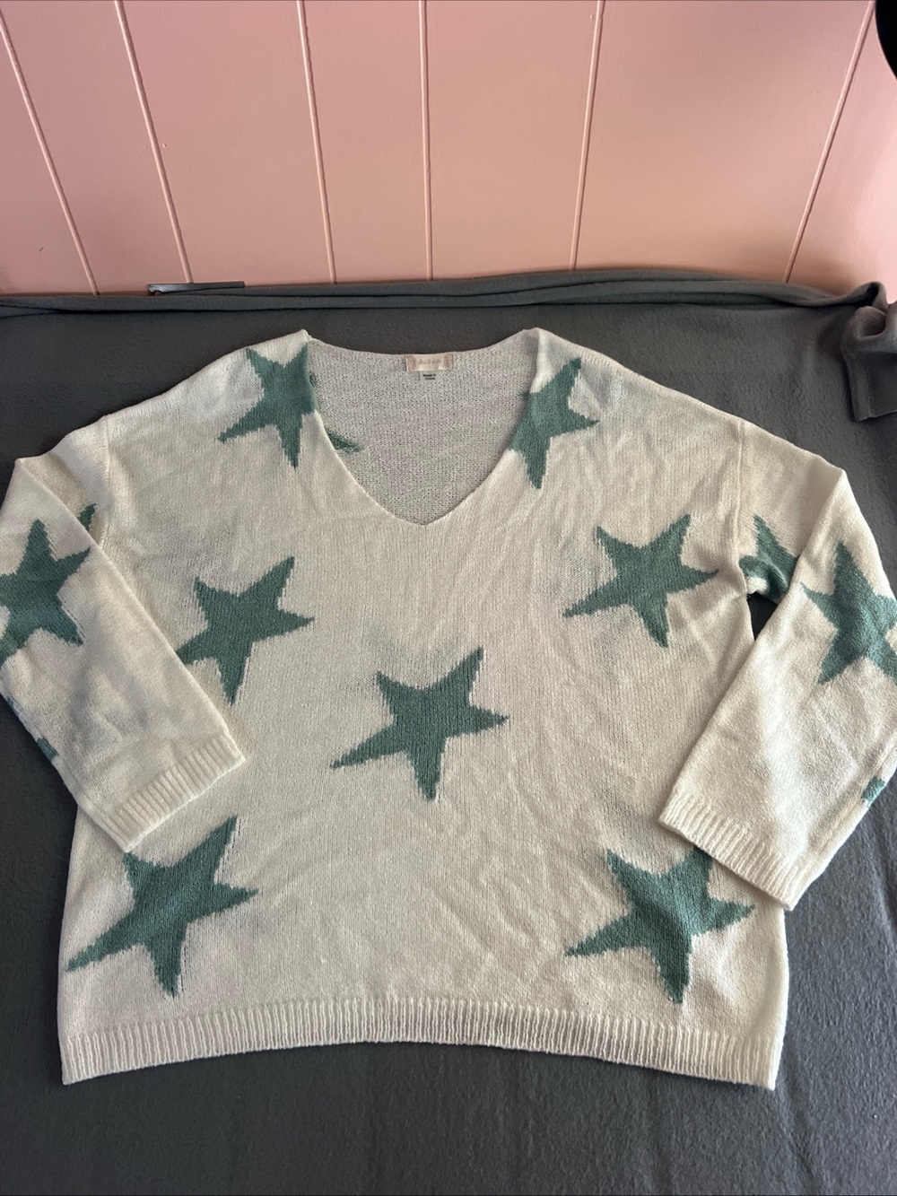 Altar'd State Cream V-Neck Sweater with Teal Star Motif
